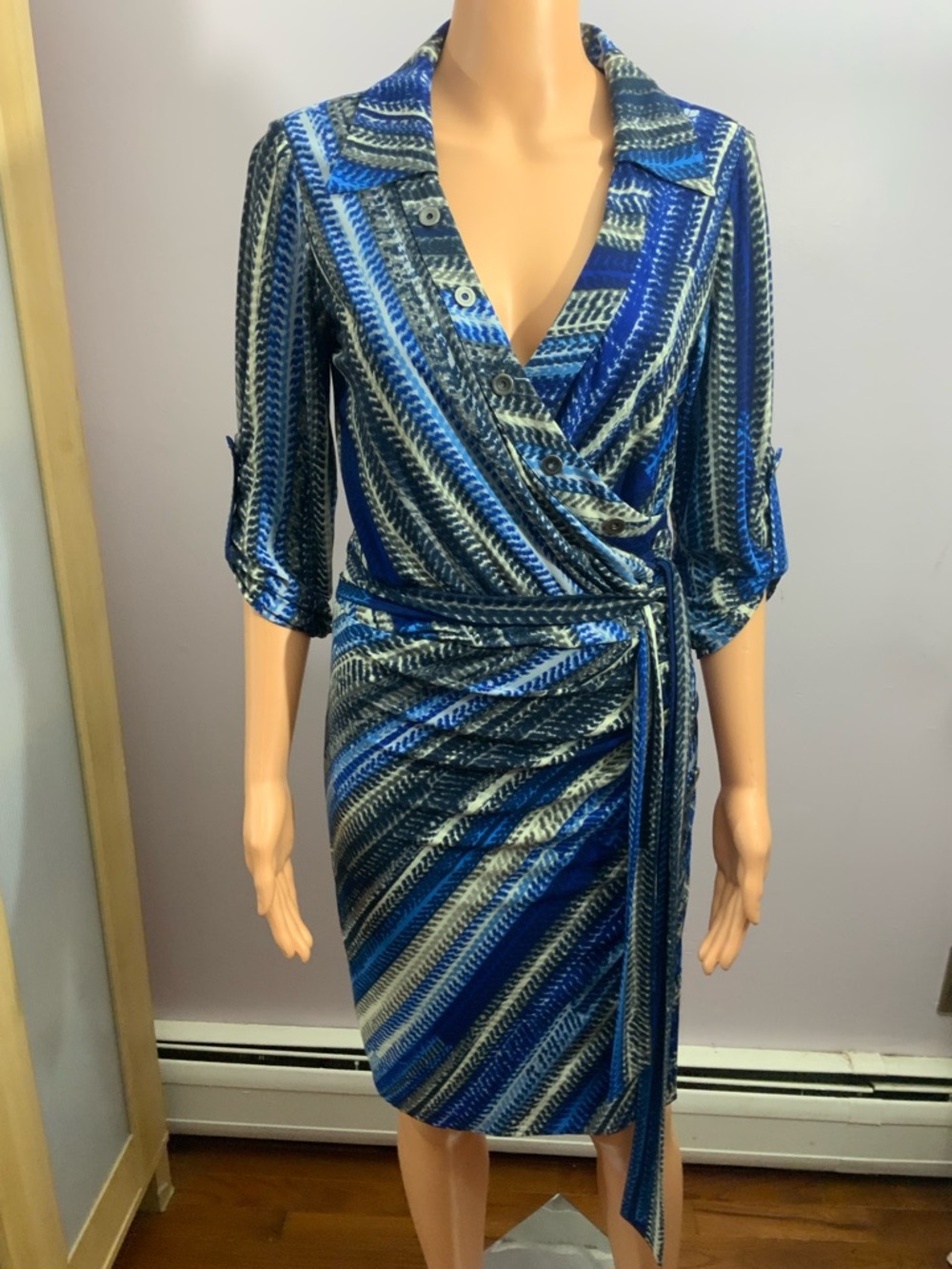 Calvin Klein Blue Striped Faux-Wrap Midi Dress - Picture 3 of 4